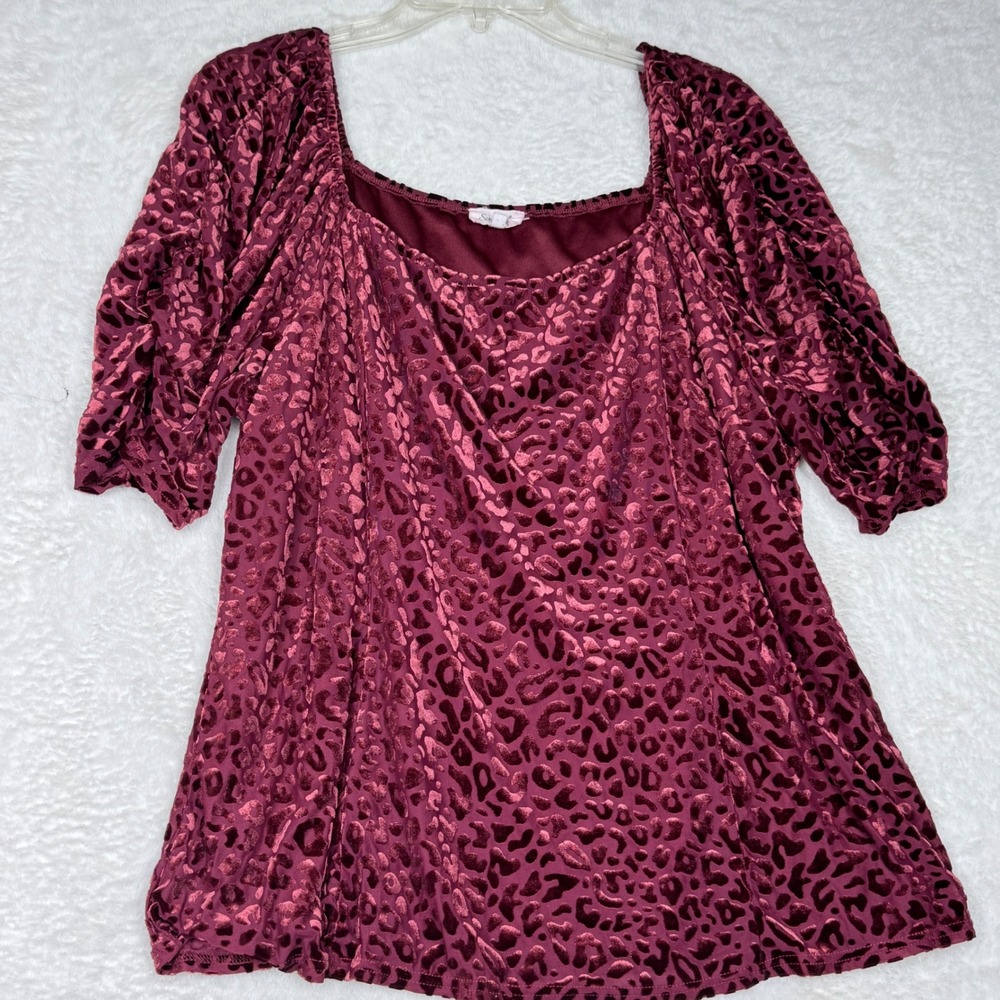 Siren Lily Blouse Women 2X Burgundy Mob Wife Burnout Velvet Leopard - Picture 2 of 9
